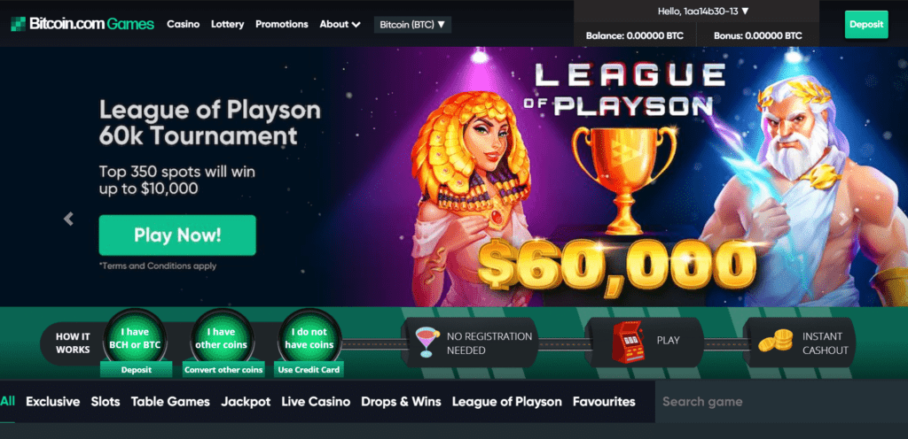 page accueil site Bitcoin.com Games