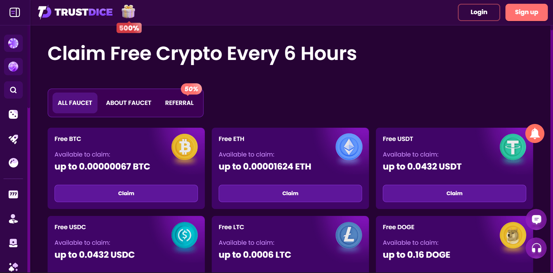 TrustDice Faucet Bitcoin et USDT