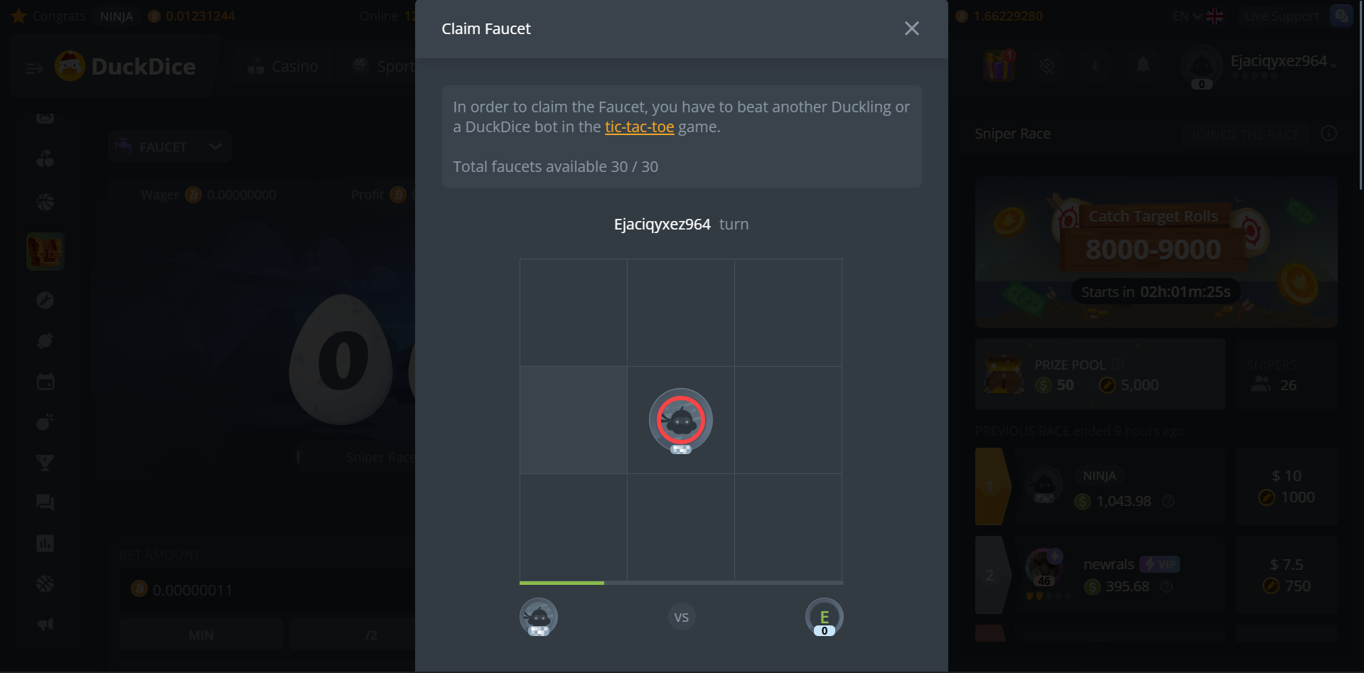 DuckDice Tic Tac Toe Faucet